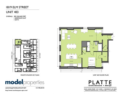 Floor plan for 1 bed, 1 bath, 895 sqft